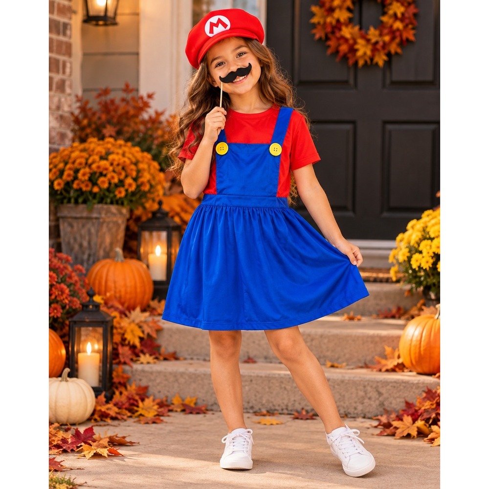 Nintendo Super Mario Costume Dress Kids M Red Blue Dress Hat Mustache Halloween